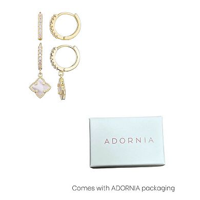 Adornia 14k Gold Plated Mother-of-Pearl Clover Cubic Zirconia Huggie Earring Duo Set
