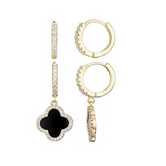 Adornia 14k Gold Plated Halo Black Clover Cubic Zirconia Huggie Earring Duo Set