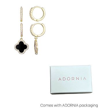 Adornia 14k Gold Plated Halo Black Clover Cubic Zirconia Huggie Earring Duo Set