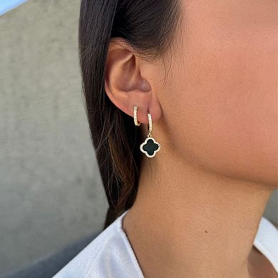 Adornia 14k Gold Plated Halo Black Clover Cubic Zirconia Huggie Earring Duo Set
