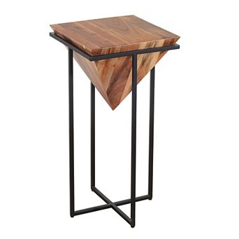 Ida 30 Inch Pyramid Shape Wooden Side Table With Cross Metal Base, Brown And Black