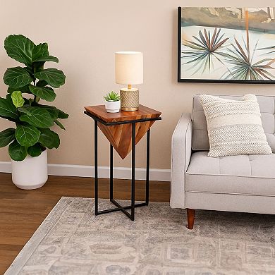 Ida 30 Inch Pyramid Shape Wooden Side Table With Cross Metal Base, Brown And Black