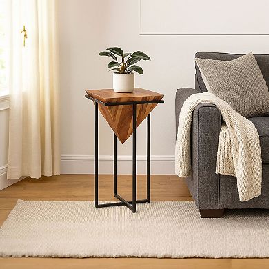 Ida 30 Inch Pyramid Shape Wooden Side Table With Cross Metal Base, Brown And Black