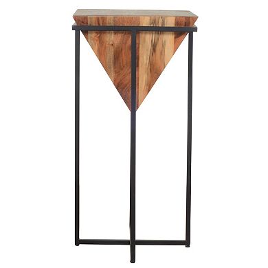Ida 30 Inch Pyramid Shape Wooden Side Table With Cross Metal Base, Brown And Black