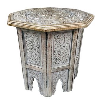 Olta 18 Inch Handcrafted Farmhouse Side Table, Engraved Carved Design, Mango Wood, Octagonal Top