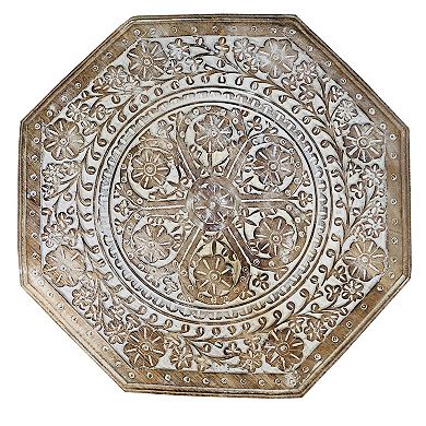 Olta 18 Inch Handcrafted Farmhouse Side Table, Engraved Carved Design, Mango Wood, Octagonal Top