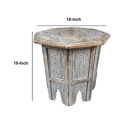 Olta 18 Inch Handcrafted Farmhouse Side Table, Engraved Carved Design, Mango Wood, Octagonal Top