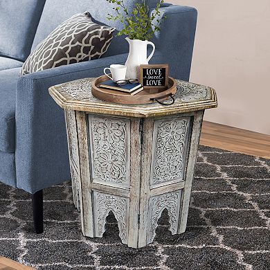 Olta 18 Inch Handcrafted Farmhouse Side Table, Engraved Carved Design, Mango Wood, Octagonal Top