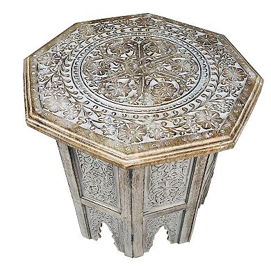 Olta 18 Inch Handcrafted Farmhouse Side Table, Engraved Carved Design, Mango Wood, Octagonal Top