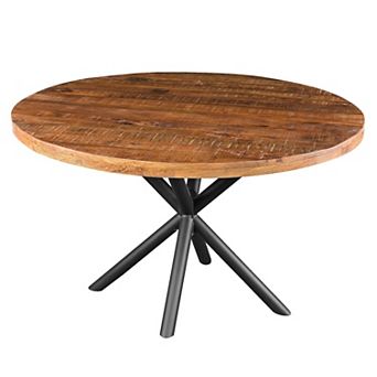 48 Inch Handcrafted Dining Table, Solid Mango Wood Round Top With Iron Crisscrossed Legs