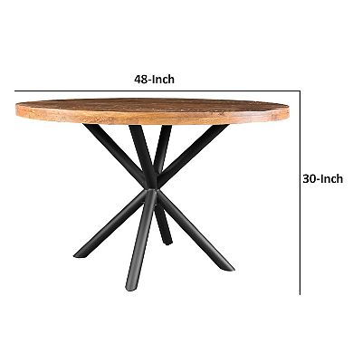 48 Inch Handcrafted Dining Table, Solid Mango Wood Round Top With Iron Crisscrossed Legs