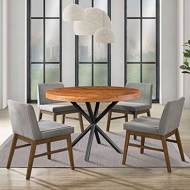 48 Inch Handcrafted Dining Table, Solid Mango Wood Round Top With Iron Crisscrossed Legs