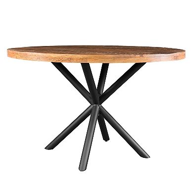 48 Inch Handcrafted Dining Table, Solid Mango Wood Round Top With Iron Crisscrossed Legs