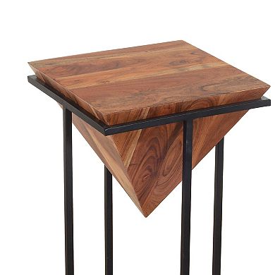 Ida 26 Inch Pyramid Shape Wooden Side Table With Cross Metal Base Brown And Black