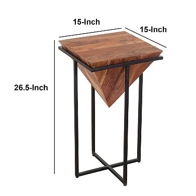 Ida 26 Inch Pyramid Shape Wooden Side Table With Cross Metal Base Brown And Black