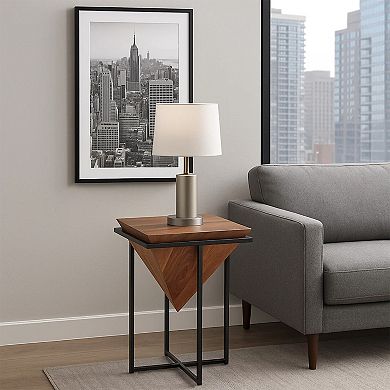Ida 26 Inch Pyramid Shape Wooden Side Table With Cross Metal Base Brown And Black