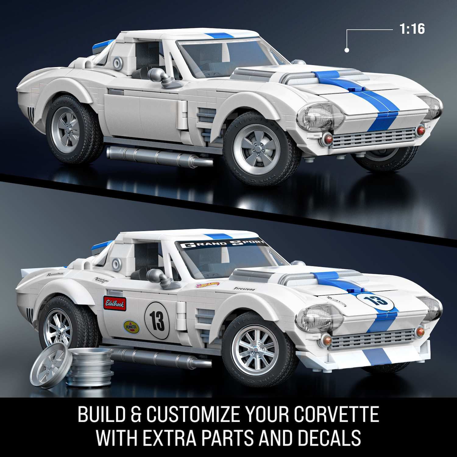 Детские конструкторы Mattel Brick Shop Hot Wheels Corvette Grand Sport Building Toy Kit (918 Pieces) for Collectors — фото 3