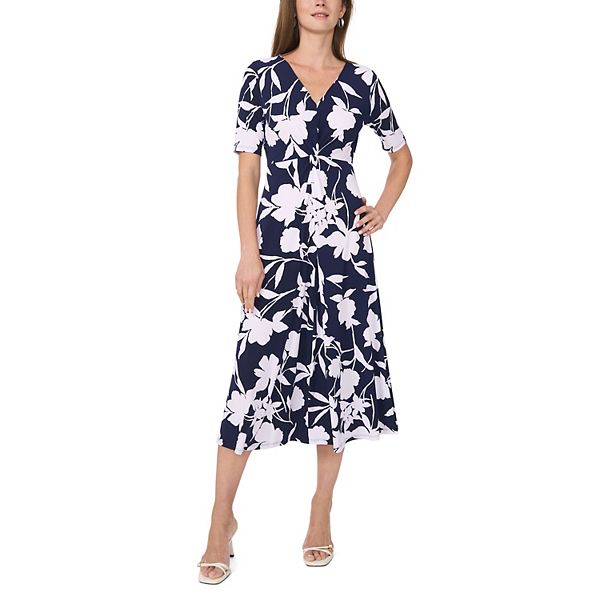 MSK Women's Floral-Print Twist-Front Midi Dress - Jbs Navy