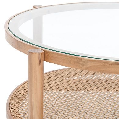 Safavieh Karyna Round Coffee Table with Glass Top and Rattan Shelf