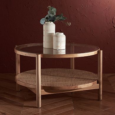 Safavieh Karyna Round Coffee Table with Glass Top and Rattan Shelf