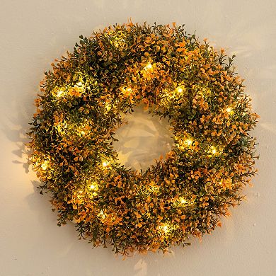 Nearly Natural 18-Inch Pre-Lit Artificial Boxwood Fall Wreath with LED Lights