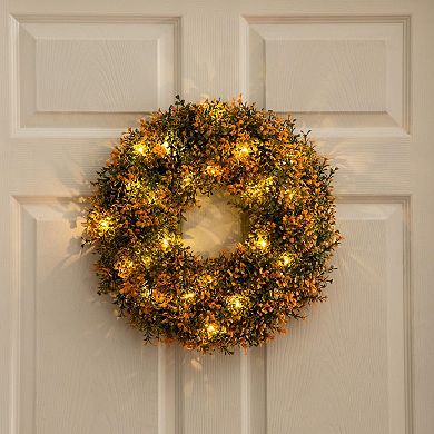 Nearly Natural 18-Inch Pre-Lit Artificial Boxwood Fall Wreath with LED Lights