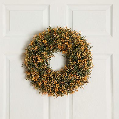 Nearly Natural 18-Inch Pre-Lit Artificial Boxwood Fall Wreath with LED Lights