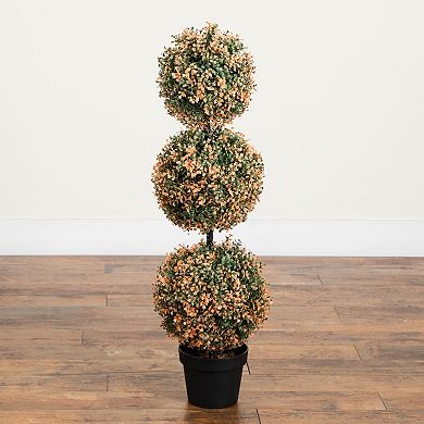Nearly Natural 3-ft. UV Resistant Artificial Triple Ball Boxwood Topiary Tree with LED Lights