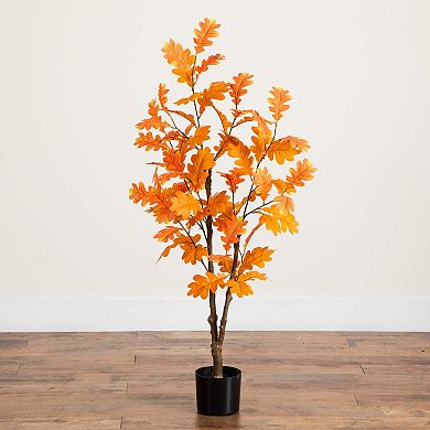 nearly natural 4-ft. Artificial Autumn Oak Tree Floor Decor in Pot