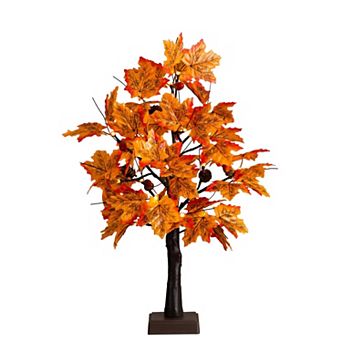 nearly natural 2-ft. Pre-Lit Artificial Autumn Maple Tree Floor Decor with Acorns & Pinecones
