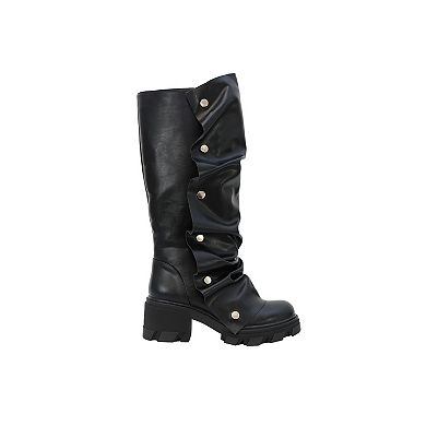 Yoki Sting Women's Faux Leather Slouch High Boots with Chunky Heel