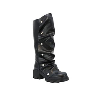 Yoki Sting Women's Faux Leather Slouch High Boots with Chunky Heel