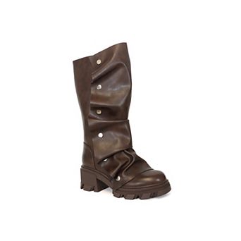 Yoki Sting Women's Faux Leather Slouch High Boots with Chunky Heel