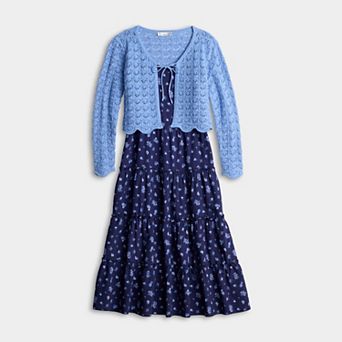 Girls Knit Works 2 pc Long Sleeve Tie Front Cardigan & Short Tiered Dress Set