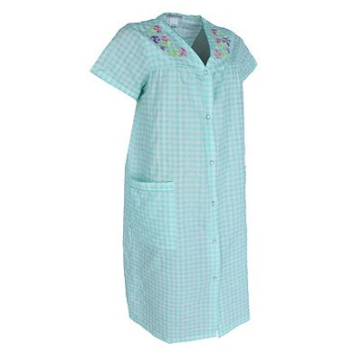 Elegant Emily Women's Gingham Button Down Duster with Floral Detailing