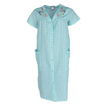 Elegant Emily Women's Gingham Button Down Duster with Floral Detailing