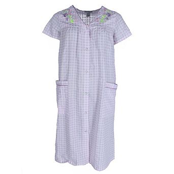 Elegant Emily Women's Gingham Button Down Duster with Floral Detailing