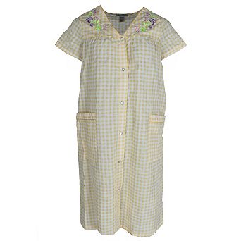 Elegant Emily Women's Gingham Button Down Duster with Floral Detailing