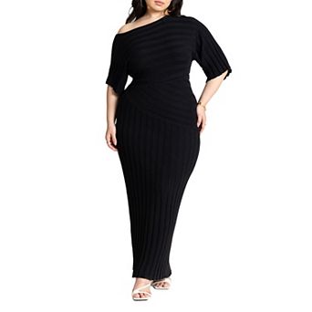 ELOQUII Women's Plus Size Mixed Directional Rib Midi Dress