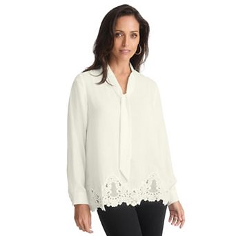 Jessica London Women's Plus Size Lace Trim Bow Blouse