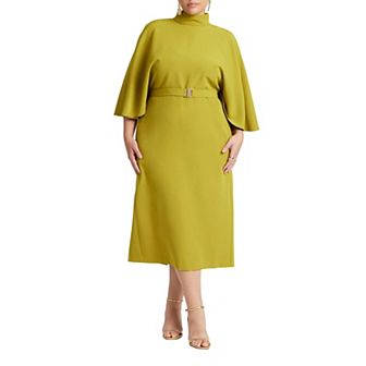 ELOQUII Women's Plus Size Cape Sleeve Belted Midi Dress