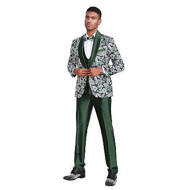 Men's 3pc Floral Suit Set w/ Satin U-Neck Vest & Pants