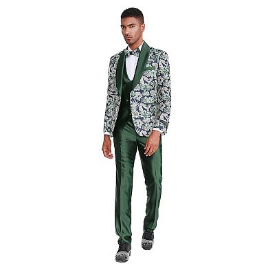 Men's 3pc Floral Suit Set w/ Satin U-Neck Vest & Pants