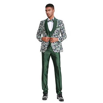 Men's 3 pc Floral Suit Set w/ Satin U-Neck Vest & Pants