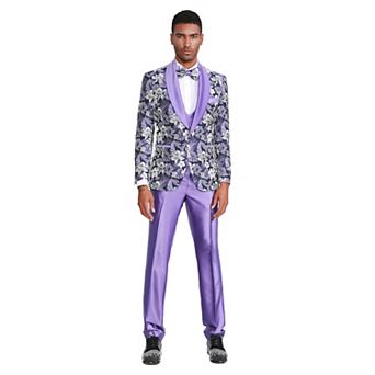 Men's 3 pc Floral Suit Set w/ Satin U-Neck Vest & Pants
