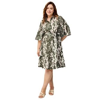 ellos Plus Size Button Bodice Flounce Tie Waist Dress