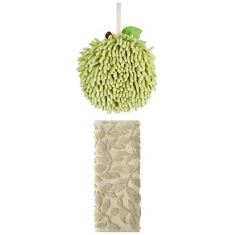 2 pc Jacquard Pattern Boho Hand Towels and Soft Fluffy Chenille Ball Hand Towels Set 14"x30"&6"x6"