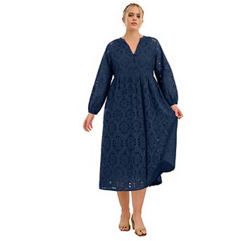 Ellos Plus Size Eyelet Midi Dress With Blouson Sleeves