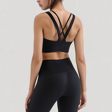 Women's Strappy V Neck Sports Bra Top with Wide Shoulder Bands and Soft Stretch Fabric