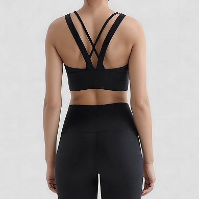 Women's Strappy V Neck Sports Bra Top with Wide Shoulder Bands and Soft Stretch Fabric